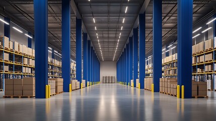 Obraz premium Wide view of empty warehouse with stacked shelves highlighting storage and shipping for online retail business.