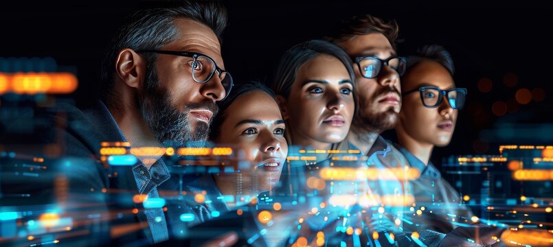 Diverse Tech Team Immersed in Augmented Reality Data Analysis, Modern Office Collaboration