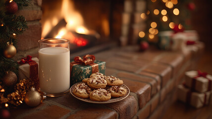 A cozy fireplace surrounded by gifts, Christmas decor, cookies, and milk.