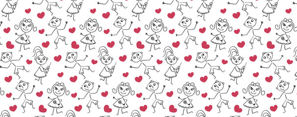 Valentine's  seamless pattern. Boy and girl friendship on valentine's day. Vector drawing happy cute girl with phone and boy with flower. Imitation of children's drawing.