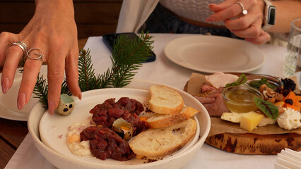 Venison Tartare and Quail Eggs. Fine Dining Delicacies, Close-Up