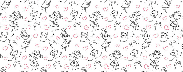 Valentine's  seamless pattern. Boy and girl friendship on valentine's day. Vector drawing happy cute girl with phone and boy with flower. Imitation of children's drawing.