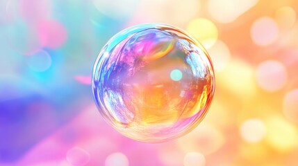 A single iridescent soap bubble with a tail on a colorful background