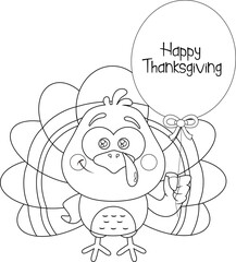 Outlined Cute Baby Turkey Bird Cartoon Character With Balloon And Text Happy Thanksgiving. Vector Hand Drawn Illustration Isolated On Transparent Background