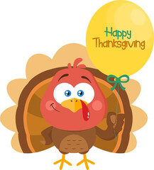 Cute Baby Turkey Bird Cartoon Character With Balloon And Text Happy Thanksgiving. Vector Illustration Flat Design Isolated On Transparent Background