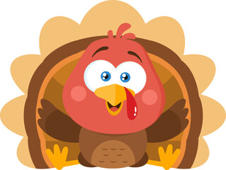 Cute Baby Turkey Bird Cartoon Character Sitting With With Open Wings. Vector Illustration Flat Design Isolated On Transparent Background