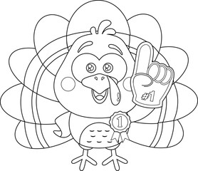 Outlined Cute Baby Turkey Bird Cartoon Character Showing Number One With Foam Finger. Vector Hand Drawn Illustration Isolated On Transparent Background