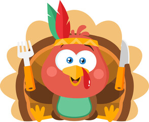 Cute Baby Indian Turkey Bird Cartoon Character Sitting With Knife And Fork. Vector Illustration Flat Design Isolated On Transparent Background