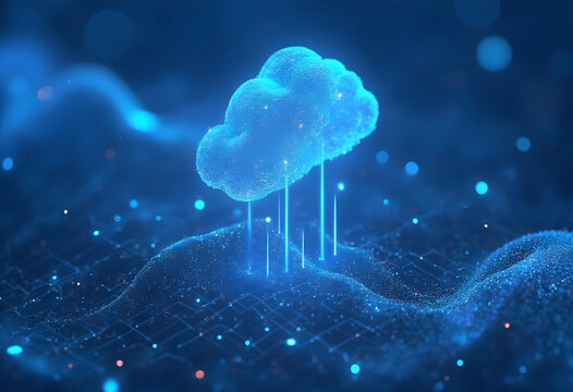 A blue cloud-shaped object hovering over a digital landscape. The cloud is made up of countless tiny particles