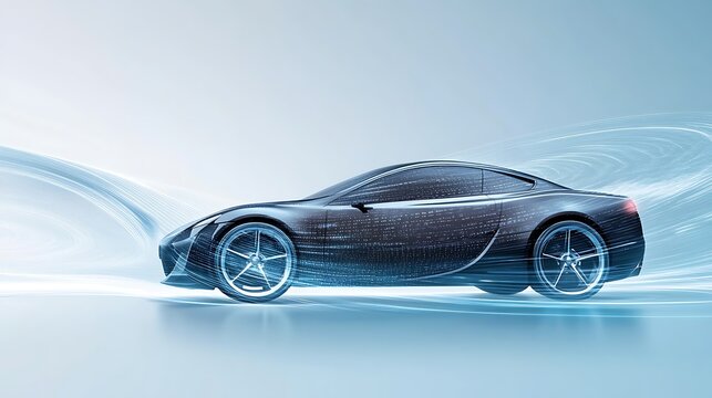 Car in motion with digital waves emanating from wheels highlighting advanced automotive technology integration.