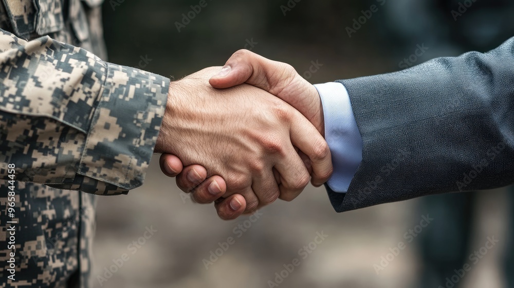 Poster a formal handshake between a soldier and a businessman, representing unity and collaboration between