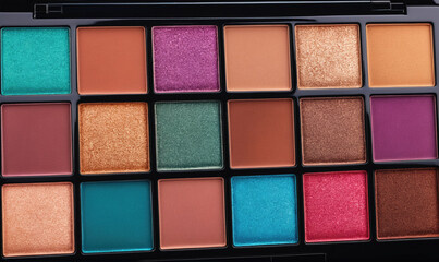 A close-up of a colorful eyeshadow palette with 18 different shades