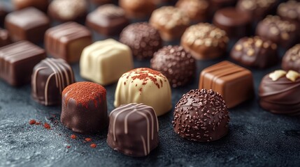 Exquisite Assorted Chocolates Displayed on a Dark Background Perfect for Marketing and Promotion