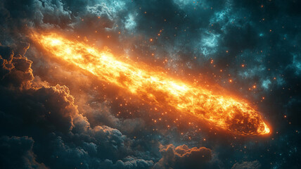 Fototapeta premium Jet Fuel Trail or Comet Streak: A Fiery Meteor, Rocket Launch, or Supernatural Event Racing Through the Sky with a Glowing Vapor Trail of Light and Fire