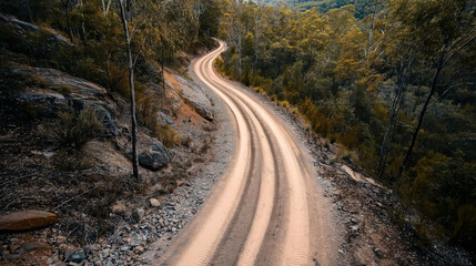 Fototapeta premium A winding dirt road with visible tire tracks passes through a dense, forested area. The surrounding landscape includes rugged terrain and thick vegetation.