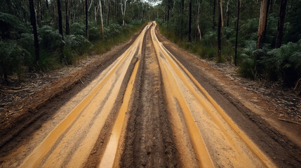 Fototapeta premium A muddy dirt road flanked by dense green vegetation in a forest setting. The road shows deep tire tracks and looks wet, with fresh mud covering the surface.