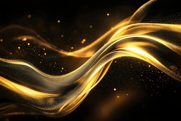 Golden shiny wave of particles flowing on a black background for luxurious and elegant design