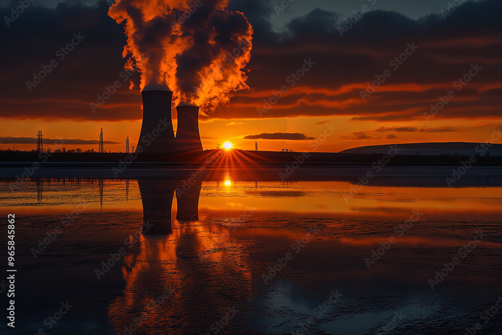 Canvas Prints Sunset Silhouette of Nuclear Power Station with Cooling Towers  