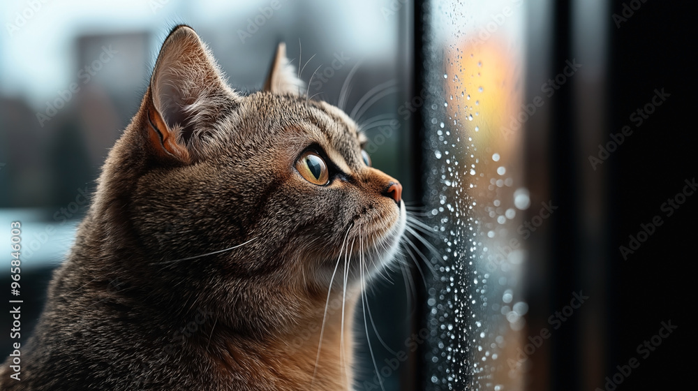 Sticker Close-up of a domestic cat with tabby fur gazing through a rain-streaked window, showcasing its whiskers and big, curious eyes. Background is blurry urban landscape.