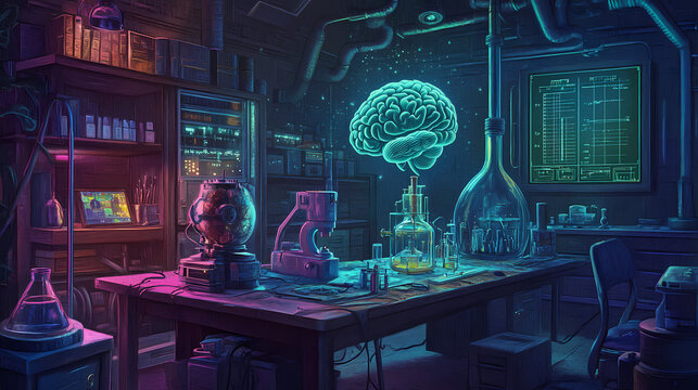 A secret laboratory conducting experiments emerges from blending human brain, technology, and magic. Secret Laboratory. Illustration