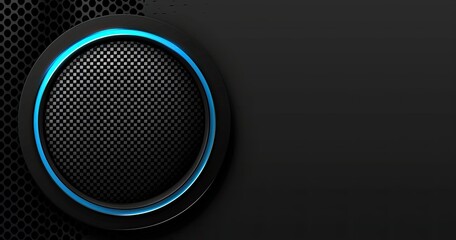 A sleek, modern graphic featuring a circular element with a glowing blue outline on a textured black background.