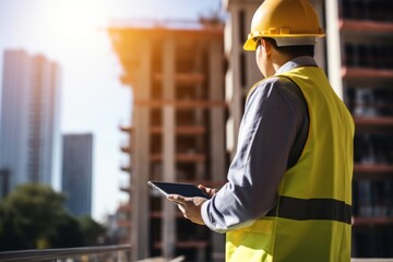 Obraz premium Engineer checking on a tablet over the construction building hardhat helmet adult.