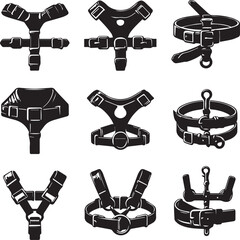Black and White Vector Illustration of Various Leather Harness Designs: Dog Harnesses, Body Harnesses, and Fashion Harnesses in Detailed Style