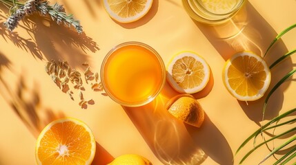 Fresh orange juice with citrus slices on a bright yellow background