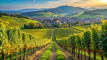 Fototapeta premium Vineyards in Freiburg with rows of vines stretching into the distance, Weinberge, Freiburg, vineyard, grapevines