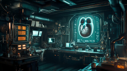 Obraz premium A steampunk mad scientist's laboratory with a lung in a central control block. Secret Laboratory. Illustration