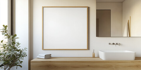 Mock up white blank painting in wooden frame, cozy modern minimal bathroom interior background. Template for the picture