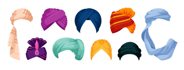 Turban set Arabic Muslim oriental traditional headdress different shape vector flat illustration. Asian man headwear Islam costume head wearing male outfit fashion sultan religious accessory