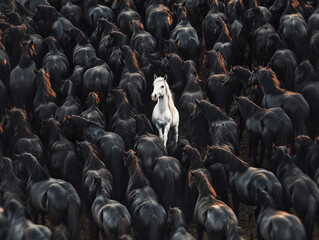 Obraz premium Different, a large group of black horses facing one direction with one white horse facing the other