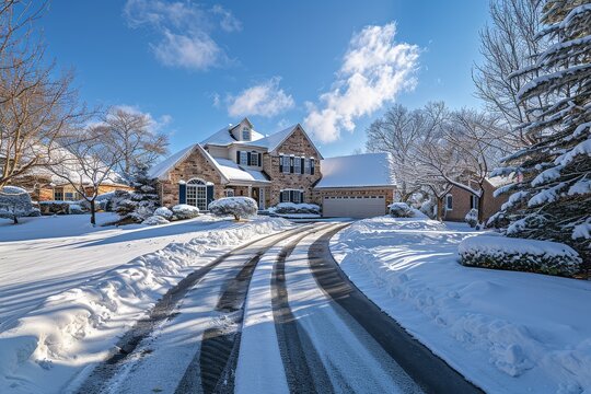 Elegant home in CinSTAR with large driveway and garage, set in an upscale neighborhood with snow-covered ground, depicting American suburban life.