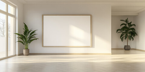 Mock up white blank painting in wooden frame, cozy modern minimal hall interior background. Template for the picture