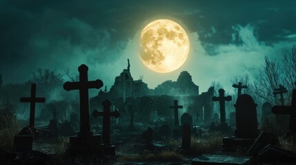 A glowing full moon shines over a desolate cemetery filled with crosses and ruins, casting shadows across the eerie landscape