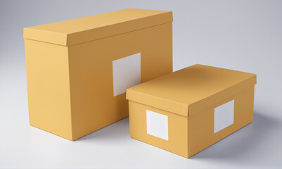 Two cardboard boxes with white labels sit on a white surface