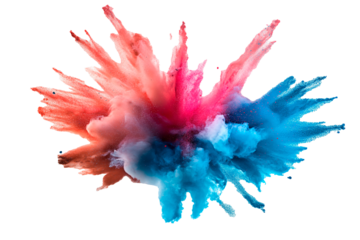 Vibrant powder explosion in cyan, magenta, and orange. High-speed capture of multicolored powder detonation. Creative isolated element.