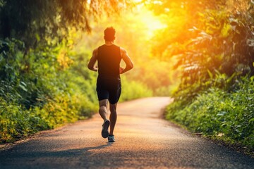 A man jogging along a wooded path during sunrise, surrounded by vibrant greenery and warm morning light