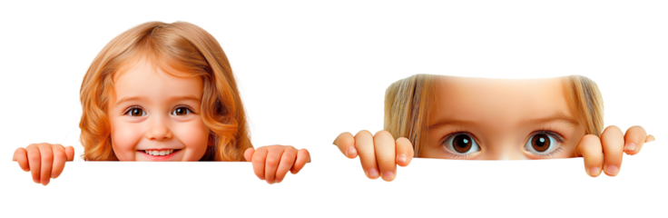 Isolated set of curious little girl peeking over edge. Child curiosity concept.