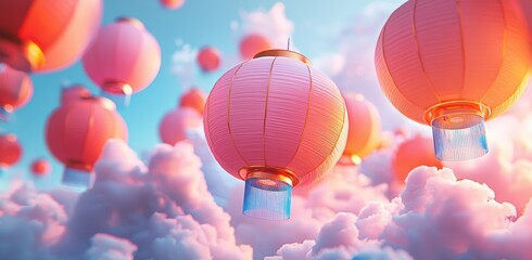 Obraz premium Pink lanterns float in sky