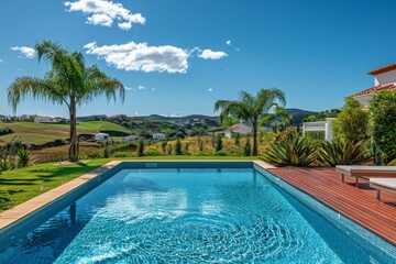 Fototapeta premium Modern swimming pool in Algarve, Portugal with palm trees, loungers, and a wooden terrace, surrounded by green mountains and garden.