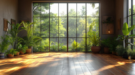A large room with a lot of plants and a lot of sunlight