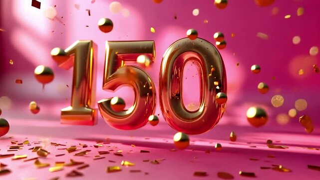 150th Anniversary. Golden balloons on pink background. Anniversary Celebration template design with gold color for celebration event, invitation, greeting, followers and social media 4k video