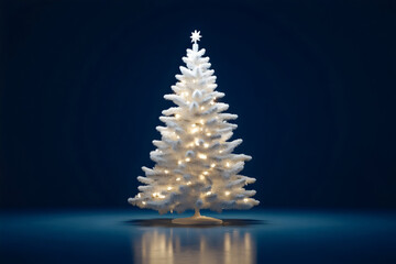 Shiny white christmas tree with lights on dark blue background with blank space for seasonal and festival design