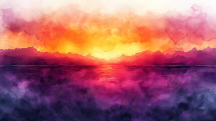 Naklejka premium A painting of a sunset with a purple and orange sky