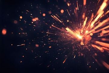 Obraz premium Shiny orange sparkles exploding from center against dark background with copy space for design and decoration