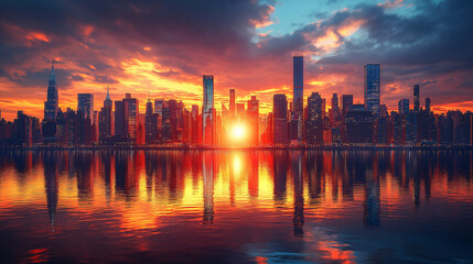 Fototapeta premium A city skyline is reflected in the water with a sunset in the background