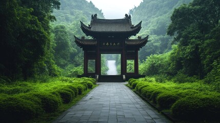 Obraz premium Majestic Entrance Gate of a Traditional Chinese Temple Amidst Lush Greenery
