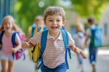 Happy children running together after school in a park, with backpacks on a sunny afternoon in a vibrant neighborhood